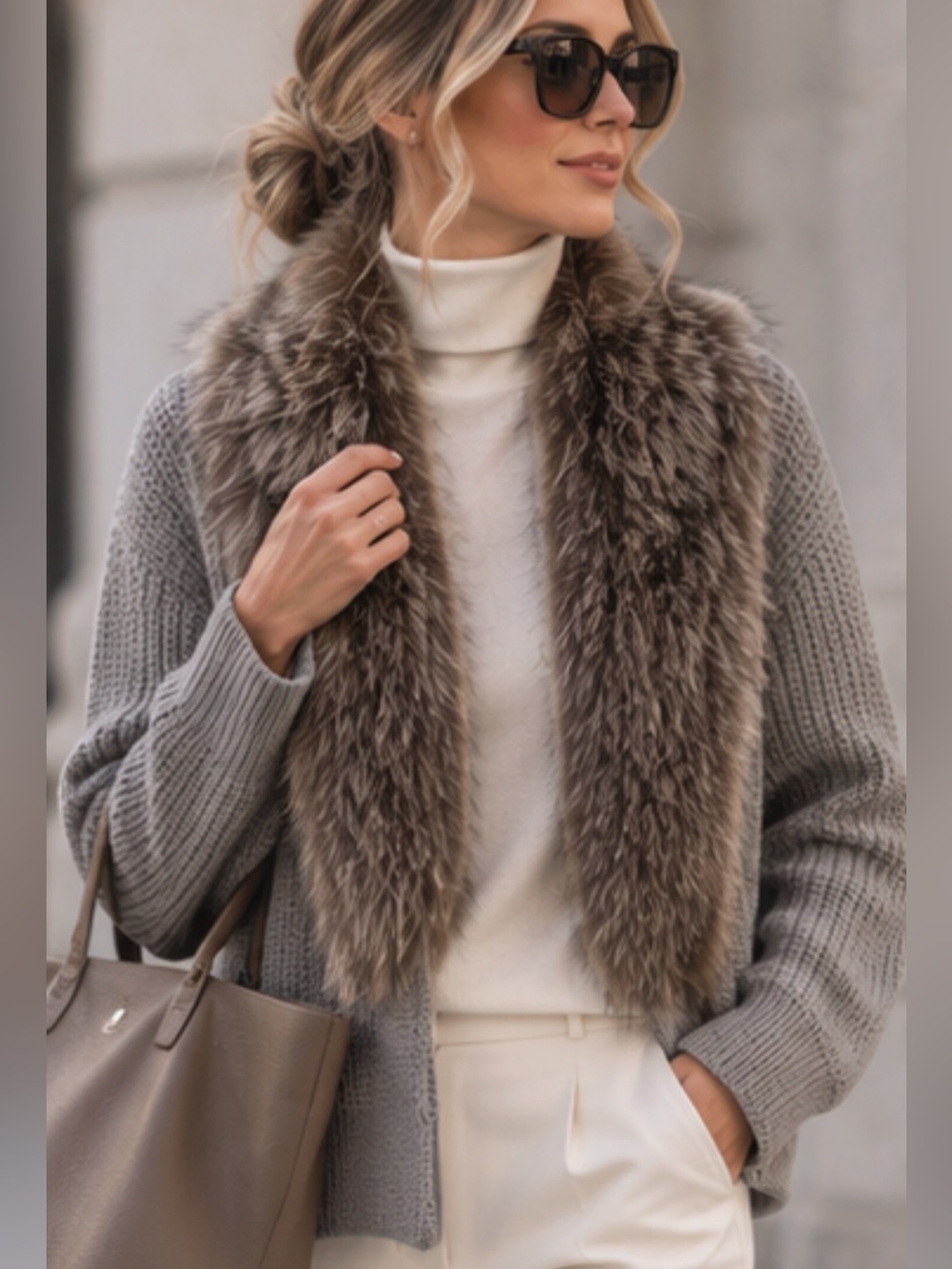 NEW BRUNELLO CUCINELLI gray thick 100% cashmere raccoon real fur trim sweater L
